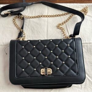 Badgley Mischka Black Quilted Studded Crossbody with Gold Chain